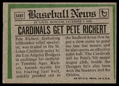 Vintage baseball news clipping featuring 1974 Topps #348T Pete Richert Traded card
