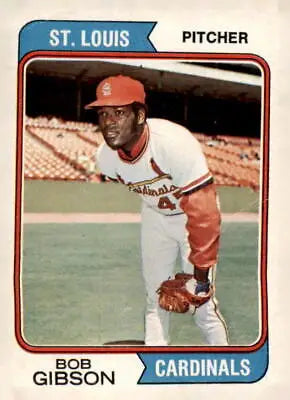 Authentic MLB memorabilia featuring a Bob Gibson trading card from 1974 Topps #350