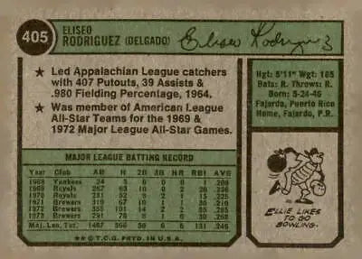 Vintage Ellie Rodriguez trading card back from 1974 Topps #405 featuring classic baseball design