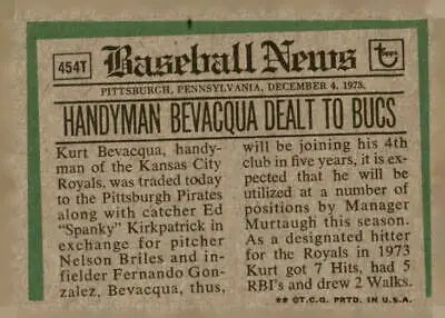 Vintage baseball news clipping of Kurt Bevacqua 454T Kurt Bevacqua Traded card