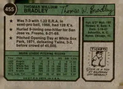 Vintage 1974 Topps Tom Bradley baseball card back featuring San Francisco Giants