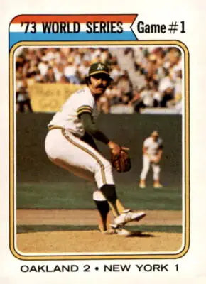1974 Topps World Series baseball card featuring Oakland Athletics 73 World Series game