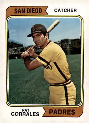 Pat Corrales baseball card from 1974 Topps #498 featuring San Diego Padres icon