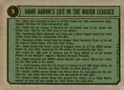 Hank Aaron baseball card back from the 1974 Topps Hank Aaron Special