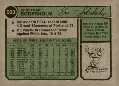 Vintage 1974 Topps Eric Soderholm baseball card back showcasing soderholm baseball details