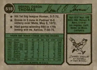 Vintage baseball card of Derrel Thomas from the San Diego Padres 1974 Topps #518