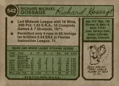 Vintage baseball card of Rich Gossage representing Chicago White Sox team from 1974 Topps series