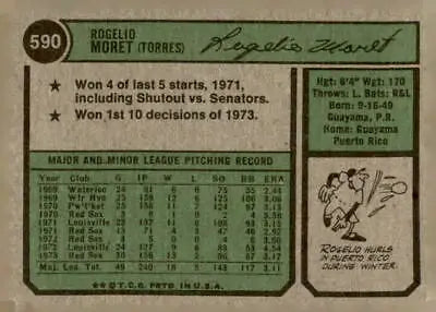 Baseball card back of Rogelio Moret Boston Red Sox 1974 Topps #590 featuring Rogelio Moret baseball