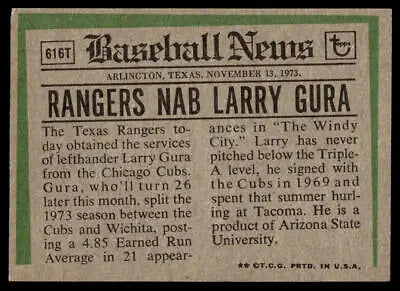 Back of 1974 Topps #616T Larry Gura Traded baseball card showcasing player stats