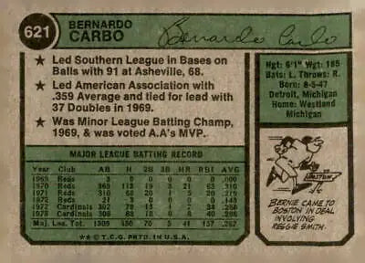 Bernie Carbo baseball card from 1974 Topps #621 featuring Boston Red Sox player