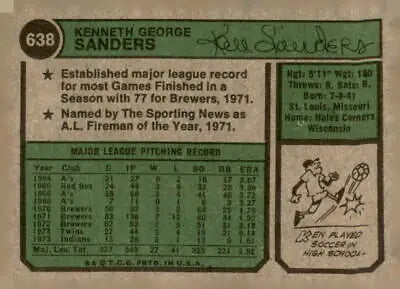 Vintage baseball card back featuring 1974 Topps #638 Ken Sanders EX-NM, Ken Sanders baseball card