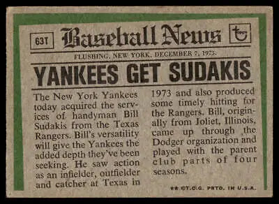 1974 Topps #63T Bill Sudakis Traded baseball card featuring the York Yankees