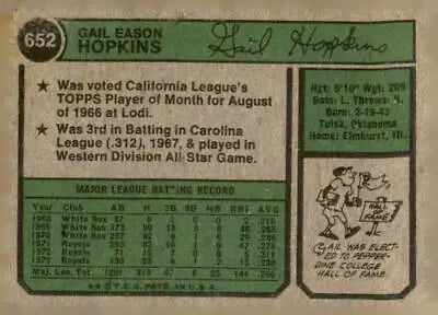 Vintage Gail Hopkins baseball card back from the 1974 Topps Kansas City Royals series
