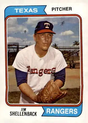 Baseball card of Jim Shellenback from 1974 Topps #657 featuring Jim Shellenback baseball