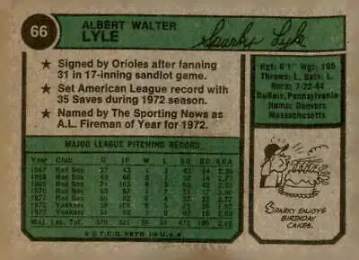 Vintage Sparky Lyle baseball card from 1974 Topps #66 featuring Sparky Lyle baseball memorabilia