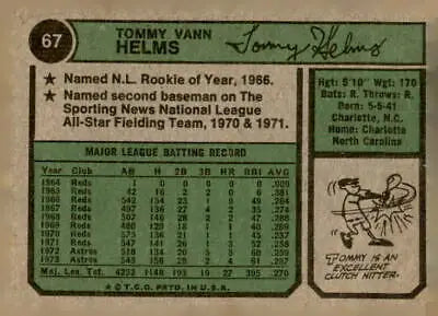 Vintage Baseball Card Back featuring Tommy Helms from 1974 Topps #67 Helms Baseball Card