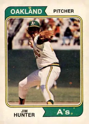 Jim Hunter 1974 Topps #7 baseball card featuring the ace pitcher for Oakland Athletics