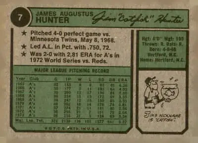 Vintage baseball card back of 1974 Topps #7 Jim Hunter, ace pitcher for Oakland Athletics