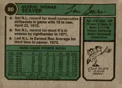 Vintage 1974 Topps #80 Tom Seaver EX-NM baseball card showcasing Tom Seaver’s legacy