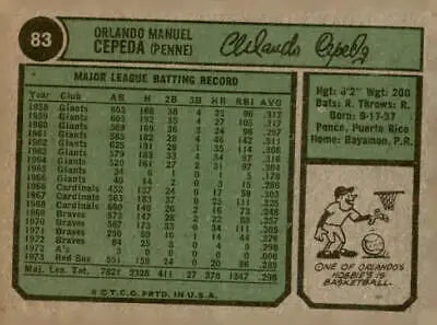 Vintage baseball card back of 1974 Topps #83 Orlando Cepeda featuring Boston Red Sox