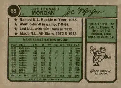 Vintage 1974 Topps Joe Morgan baseball card featuring collectible Joe Morgan baseball memorabilia