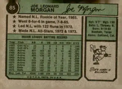 Vintage baseball card back featuring Joe Morgan from 1974 Topps #85 Morgan Baseball Card