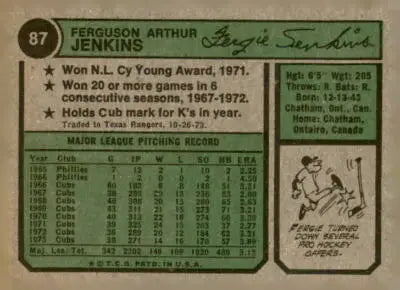 Vintage baseball card featuring Fergie Jenkins with Texas Rangers from 1974 Topps #87