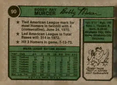 Vintage baseball card back featuring Bobby Murcer of the New York Yankees