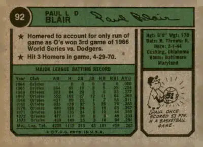 Vintage Paul Blair baseball card from 1974 Topps #92 showcasing Paul Blair baseball collectible