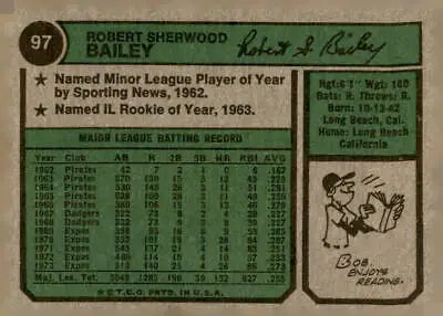 Vintage 1974 Topps Bob Bailey baseball card featuring Bob Bailey baseball memorabilia