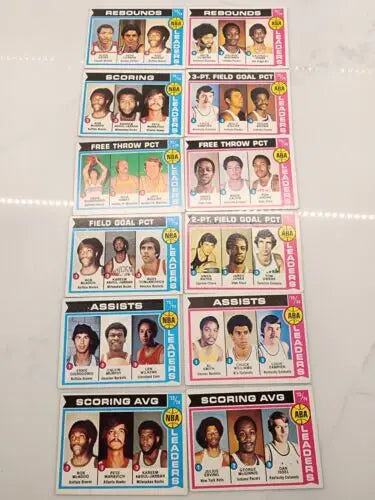Vintage basketball cards from the 1974 Topps NBA ABA League Leaders set, EX-NM condition
