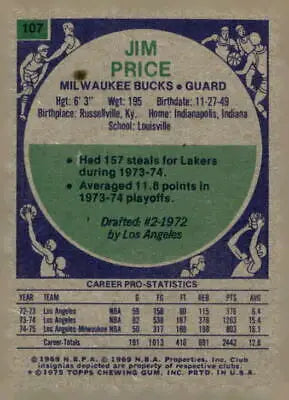Vintage Jim Price Milwaukee Bucks trading card from 1975-76 Topps #107