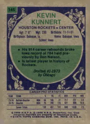 Kevin Kunnert Houston Rockets trading card from 1975-76 Topps #145 in EX-MT condition