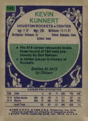 Kevin Kunnert Houston Rockets basketball card from 1975-76 Topps #145 displaying a Houston Rockets player