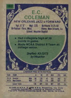 E.C. Coleman basketball card from 1975-76 Topps series, ideal for Orleans Jazz collectors