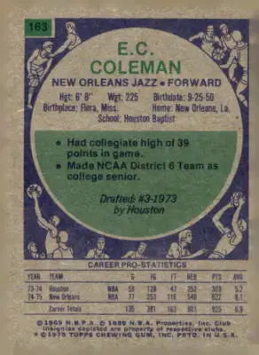 Vintage 1975-76 Topps Coleman basketball card featuring E.C. Coleman from Orleans Jazz