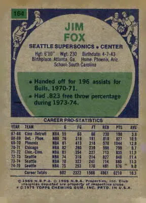 Vintage Jim Fox basketball trading card from the 1975-76 Topps NBA memorabilia collection