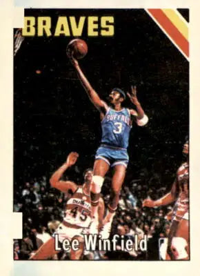 Basketball player in action featuring Lee Winfield from 1975-76 Topps sports trading card