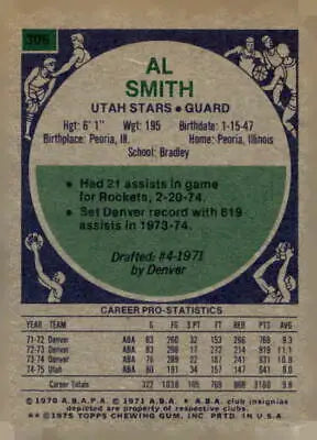 Vintage Utah Stars Al Smith basketball card from 1975-76 Topps #306