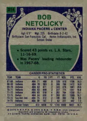 1975-76 Topps Bob Netolicky Indiana Pacers basketball card collectible