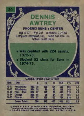 Dennis Awtrey basketball card from 1975-76 Topps #39 featuring Dennis Awtrey basketball player