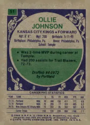 Vintage Ollie Johnson basketball card from 1975-76 Topps #51 featuring Ollie Johnson of the Kansas City Kings