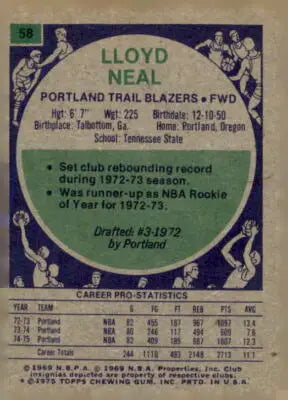Vintage Lloyd Neal Portland Trail Blazers basketball card from 1975-76 Topps series