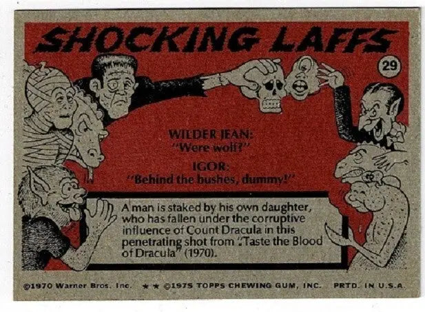 Vintage monster-themed trading card from 1975 Shock Theater Shocking Laffs Topps US Test