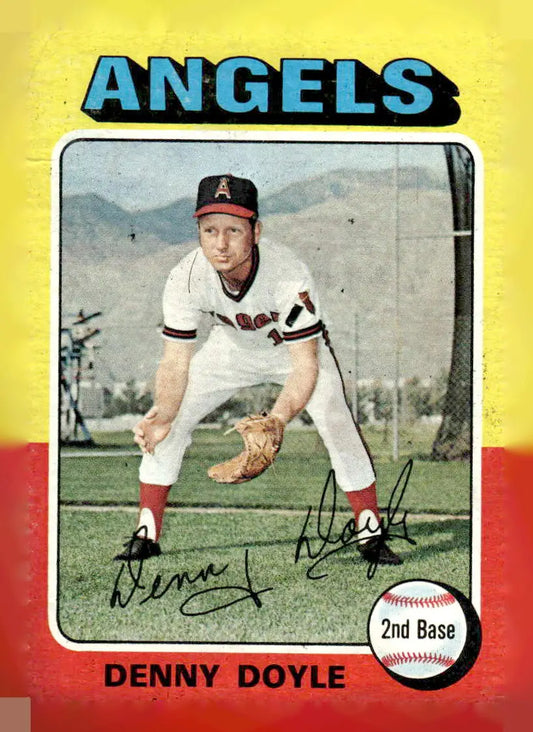 Vintage 1975 Topps Denny Doyle baseball card of Denny Doyle in fielding stance