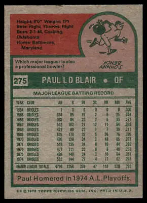 Back of 1975 Topps #275 Paul Blair baseball card showcasing stats and design