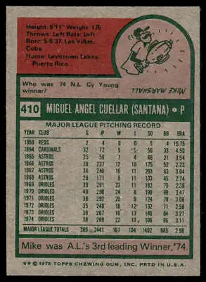Vintage 1975 Topps #410 Mike Cuellar baseball card back detail showcase