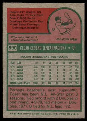 Vintage 1975 Topps #590 Cesar Cedeno baseball card back showing player stats and info