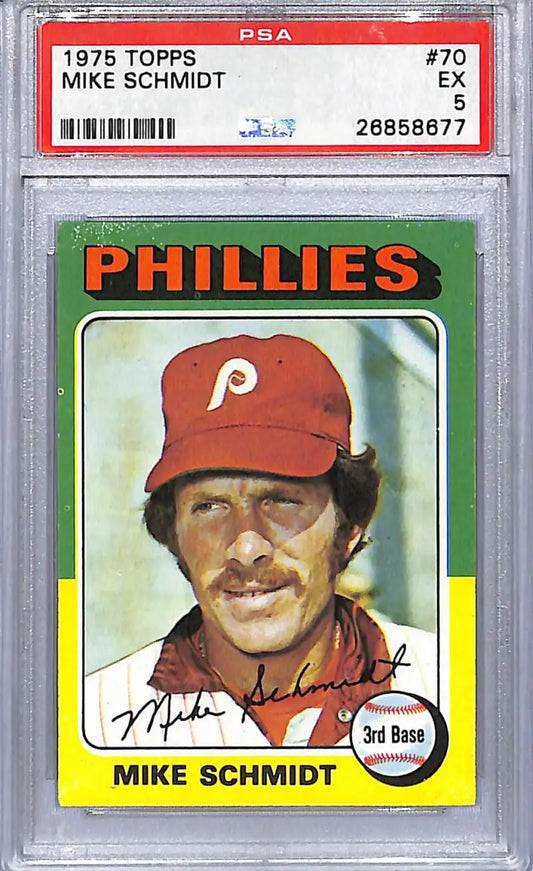A graded 1975 Topps Mike Schmidt PSA 5 baseball card featuring Mike Schmidt of the Philadelphia Phillies