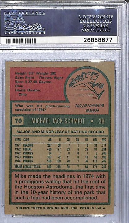A graded 1975 Topps Mike Schmidt PSA 5 baseball card of Mike Schmidt displayed